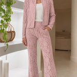 Floral Lace Two-Piece Pant Suit Set with Stand Collar Jacket and Flare Trousers