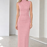 Sleeveless Mock Neck Ruched Glitter Maxi Dress