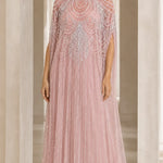 High Neck Beaded Cape Evening Gown Elegant Embellished Formal Maxi Dress