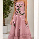 Stunning Embroidered Floral Strapless Midi Dress