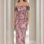 Off-the-Shoulder Floral Embroidered Beaded Maxi Evening Gown