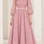 Elegant Floral Lace V-Neck A-Line Maxi Dress with 3/4 Sleeves