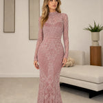 High Neck Sequin Embellished Long Sleeve Formal Maxi Evening Gown