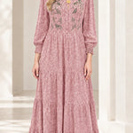 Embroidered Tiered Long Sleeve Maxi Dress with Smocked Cuffs