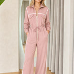 Women's Contrast Piping Zip-Front Wide-Leg Jumpsuit with Drawstring Waist