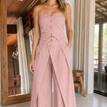 Strapless Button-Front Top and Pleated Wide-Leg Pants Two-Piece Set