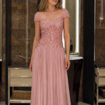 Cap Sleeve Beaded Bodice Pleated Chiffon Evening Gown