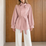 Women's High Neck Belted Short Trench Jacket with Lantern Sleeves