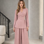Women's Elegant Wrap Front Button Accent Blazer Top and Wide Leg Pants Two-Piece Set