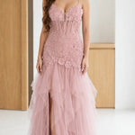 Floral Lace Corset Bodice Tulle Maxi Evening Gown with Slit