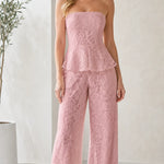 Strapless Floral Lace Peplum Wide-Leg Jumpsuit