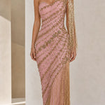 One-Shoulder Beaded Fringe Evening Gown