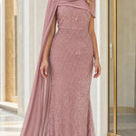 Sequin Mermaid Evening Gown with Draped Chiffon Cape