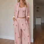 Floral Embroidered 3-Piece Pantsuit Set with Corset Top & Wide-Leg Trousers