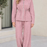 Women's Drawstring Waist Zip-Up Hoodie and Wide Leg Pants Two-Piece Lounge Set