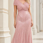 Elegant V-Neck Beaded Evening Gown Formal Maxi Dress