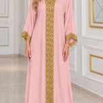 Embroidered Gold Trim V-Neck Kaftan Maxi Dress