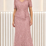 Sequined Embroidered Peplum Evening Gown with Short Sleeves