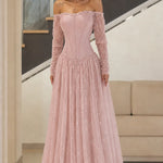 Off-the-Shoulder Pearl Beaded Basque Waist Corset Evening Gown