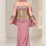 Strapless Sequin Corset Evening Gown with Embellished Cape Shawl