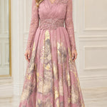 Metallic Floral Lace Long Sleeve Evening Gown with Beaded Waist