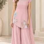 Floral Embroidered Asymmetrical Tunic Top and Wide-Leg Palazzo Pants Set