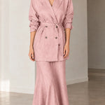 Women's Double-Breasted Belted Blazer and Flared Maxi Skirt 2-Piece Suit Set