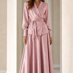 Elegant Satin Wrap Blazer Top and Maxi Skirt Two-Piece Set