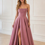 Satin Strapless Sequin Accented Evening Gown