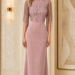 Sequin Beaded Fringe Mock Neck Maxi Evening Gown with Lace-Up Back