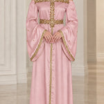 Embellished Off-Shoulder Halter Neck Satin Maxi Dress with Bell Sleeves
