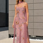 Elegance Beaded Halter Fringe Evening Gown
