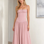 Women's Ruched Bust Drop Waist Maxi Dress Sleeveless Flowy Evening Gown