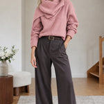 Women's Asymmetric Drape Cowl Neck Ribbed Knit Sweater