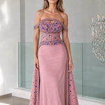 Stunning Off-The-Shoulder Beaded Evening Gown with Sheer Corset Bodice