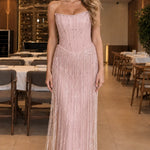 Strapless Corset Beaded Fringe Maxi Evening Gown