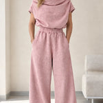 Women's Cowl Neck Short Sleeve Top and Wide Leg Sweatpants Loungewear Set