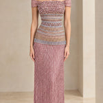 Off-the-Shoulder Beaded Fringe Column Evening Gown