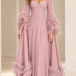Sweetheart Neckline Tiered Tulle Ruffle Sleeve Evening Gown