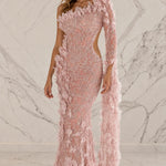 One-Shoulder 3D Floral Applique Cutout Maxi Evening Dress