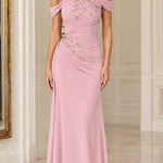 Off-the-Shoulder Ruched Formal Evening Gown with Beaded Applique