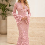 3D Floral Appliqué Lace Mermaid Evening Gown with Bell Sleeves