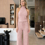 Sleeveless Mock Neck Knit Top and Wide-Leg Pants Two-Piece Set
