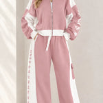 Women's Colorblock Zip-Up Tracksuit Set Wide Leg Sweatpants 2-Piece Lounge Set
