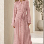 Elegant Pleated Shimmer Long Sleeve Maxi Dress with Waist Tie