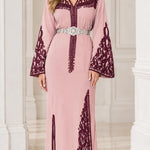 Embroidered Moroccan Caftan Maxi Dress with Ornate Belt and Flared Sleeves