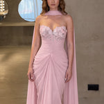 Floral Applique Sweetheart Evening Gown with Draped Cape Scarf