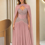 Elegant Embellished Cape Evening Gown with Pleated Skirt
