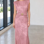 Elegance Embroidered Maxi Dress with Gold Buckle Accent