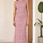 Sleeveless Floral Lace Mermaid Maxi Dress with Boat Neckline